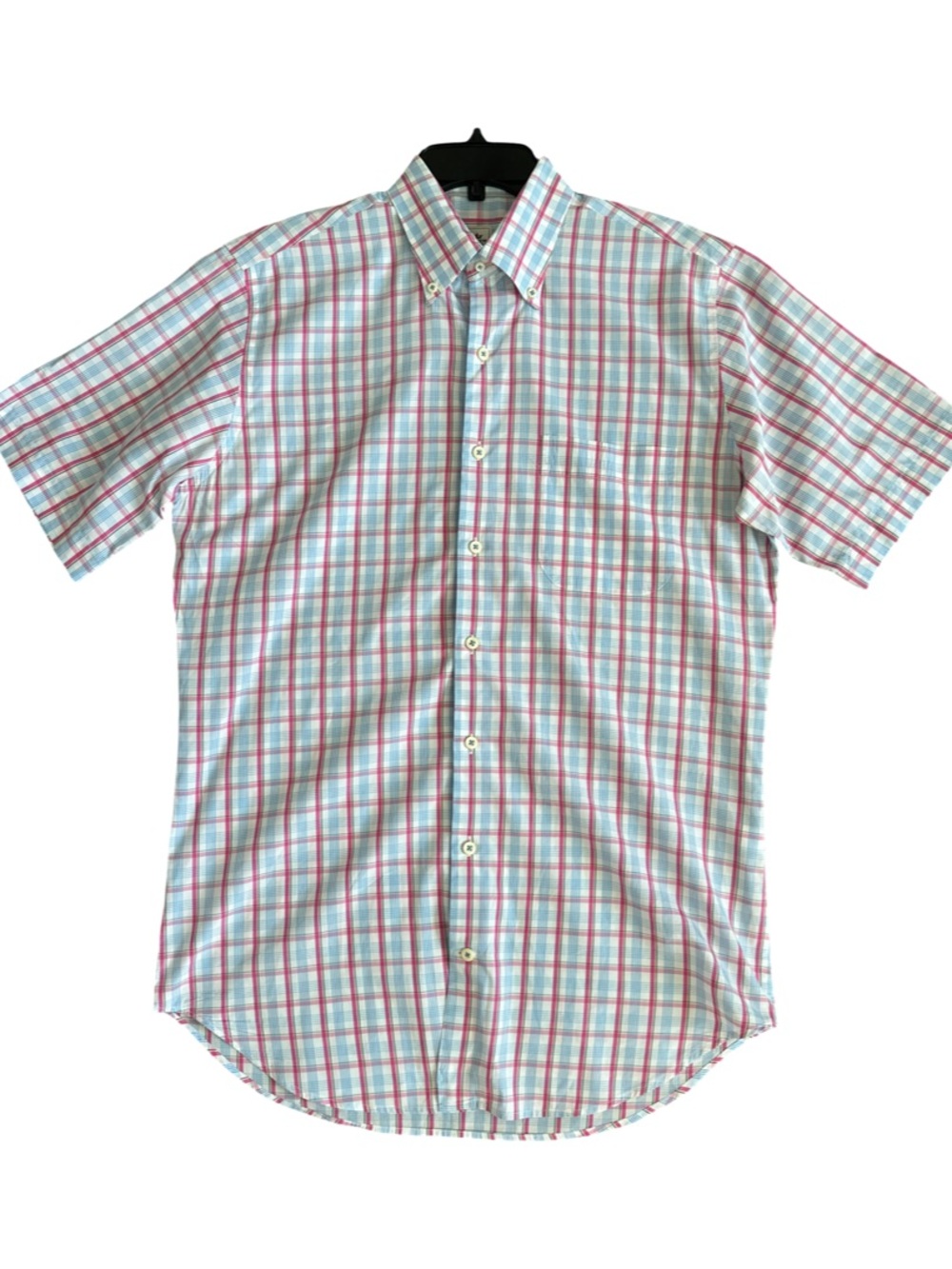 Peter Millar Men's Medium Short Sleeve Plaid Button Down Shirt Pink Blue Cotton